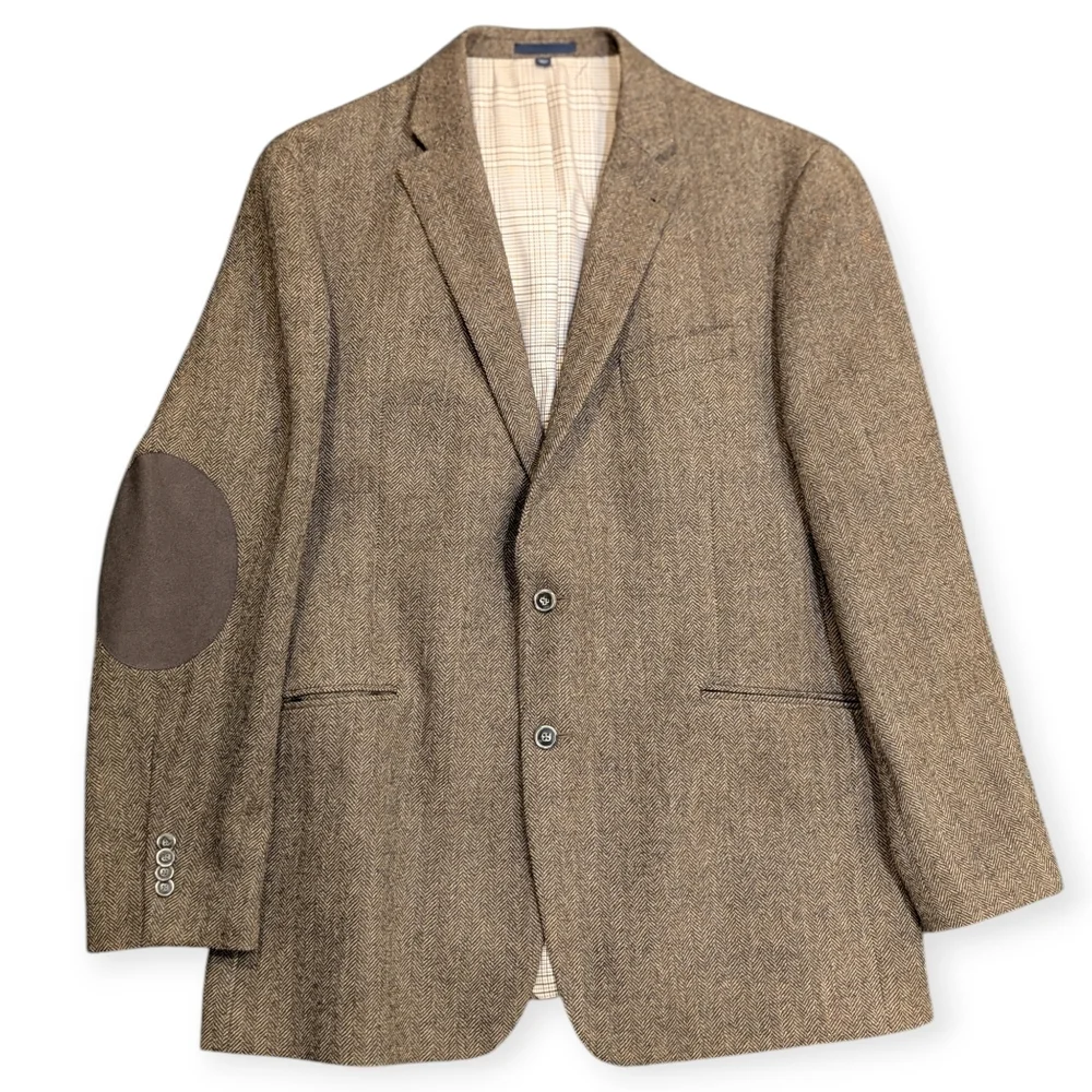 Jos.A.Bank Men's Herringbone Brown 100% Wool Blazer With Suede Elbow Patches 44L
